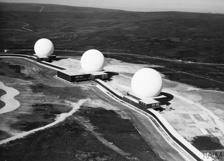 AERIAL VIEW OF RAF FYLINGDALES EARLY WARNING RADAR STATION, 16 SEPTEMBER 1963 (HU 69120) RAF FYLINGDALES, a joint Anglo-American project, photographed the day before it became operational. Its three steel buildings housing radar under domes were intended to track incoming Soviet ballistic missiles during the Cold War. Its systems offered a warning of 15 minutes for missiles targeted on the United States and 4 minutes for those targeted on Britain. The latter margin was deemed sufficie... Copyright: © IWM. Original Source: http://www.iwm.org.uk/collections/item/object/205018749