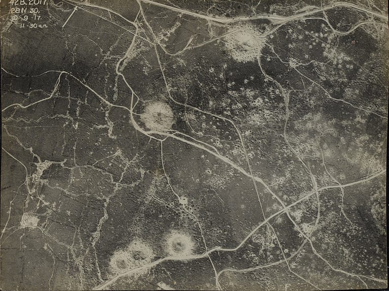 On This Day: 30th September 1917
Aerial photograph of a section of the Western Front, 30 September 1917  Aircraft such as the BE2 and RE8 were used by the British to photograph the shattered landscapes of the Western Front. Aerial photography was used to identify artillery and bombing targets such as transport hubs and artillery positions and to gather intelligence on fortifications and troop concentrations and movements prior to attacks. NAM. 1996-01-74-10 © NAM