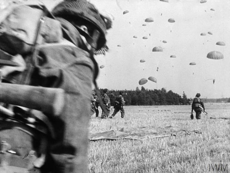 18th September 1944 Arnhem (IWM FLM 1210) British paratroops landing in a field on the edge of a wood - Arnhem. Copyright: © IWM. Original Source: http://www.iwm.org.uk/collections/item/object/205131562